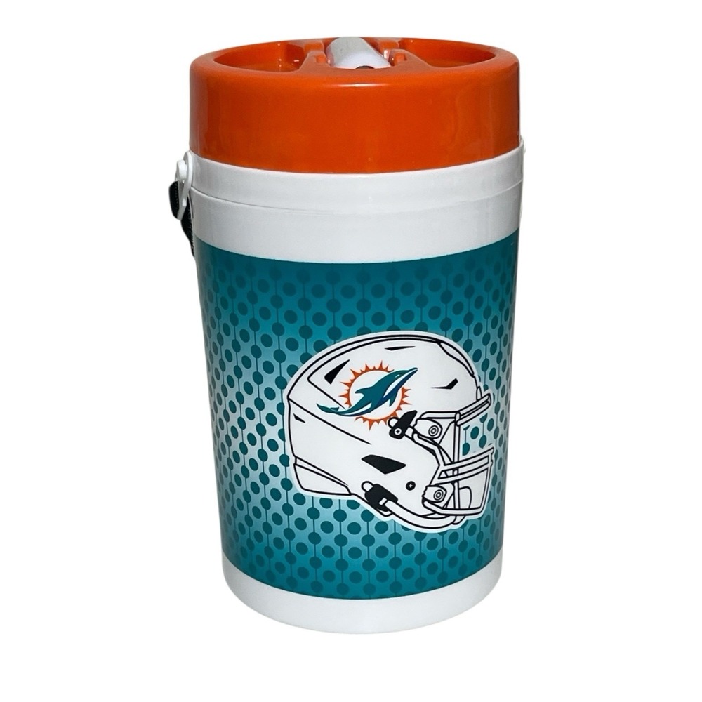 Miami Dolphins NFL Travel Mug Football Insulated Drink Tumbler Orange White Teal